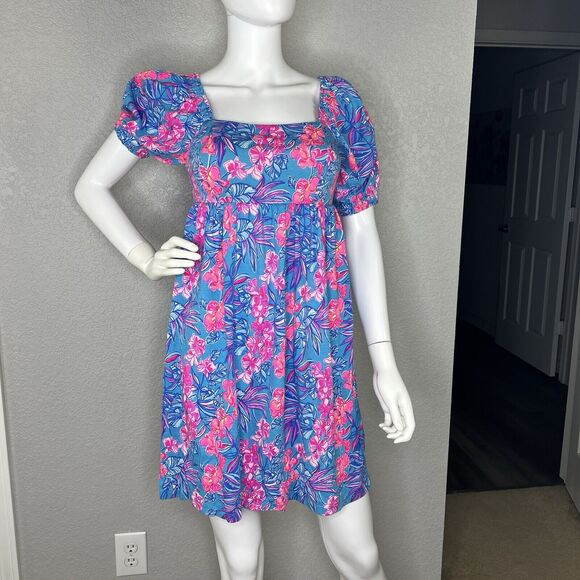 Lilly Pulitzer Size 0 Tunic Dress Babydoll Delaney Smocked Square Neck - Picture 3 of 9